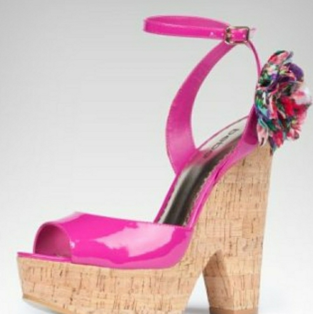 Bebe hot pink cork wedges with flowers sz 10